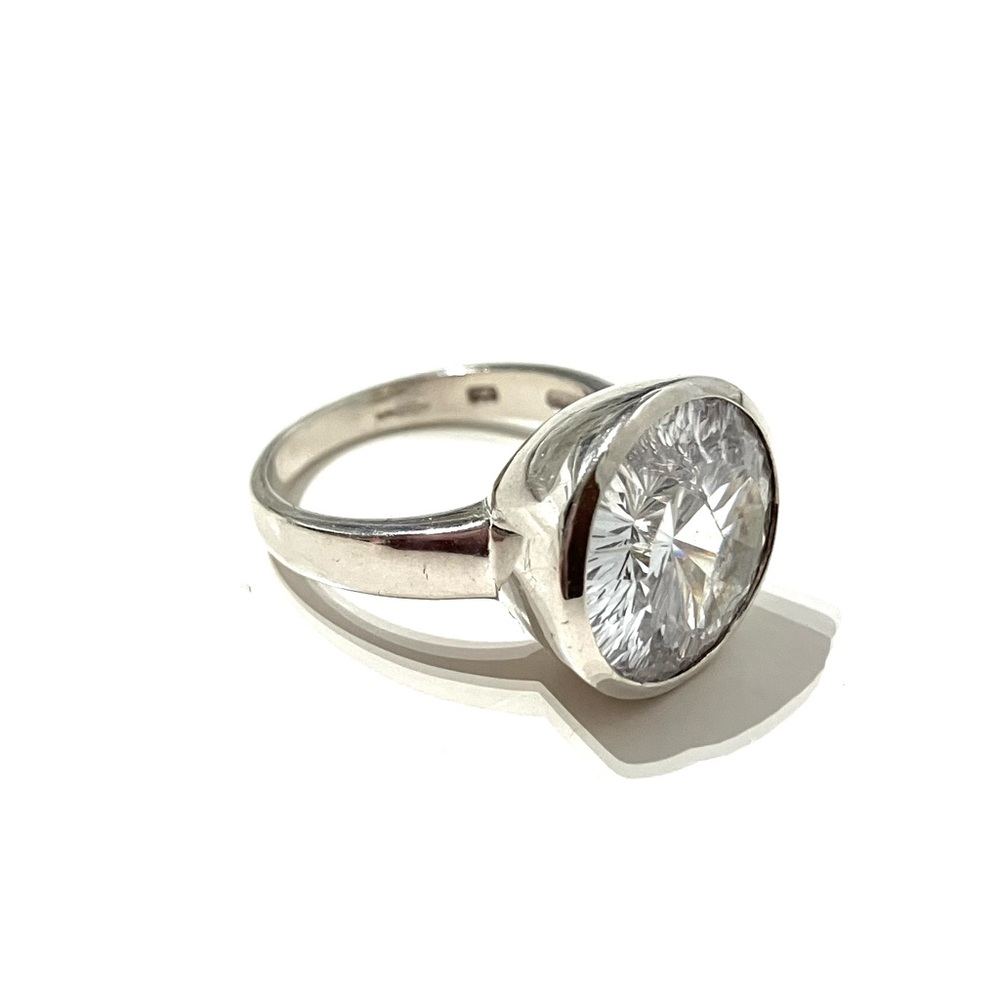 Sterling Silver 925 Large Clear Stone Bezel Ring